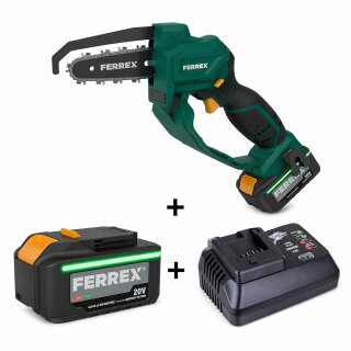 FERREX 20V Akku-Kompakt Kettensäge Einhand SET – inkl. 2,0 Ah Akku & Ladegerät (3-tlg.)