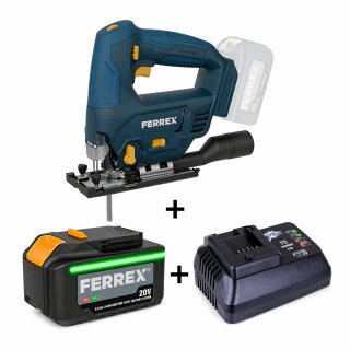 FERREX 20V Akku-Stichsäge mit 4-stufigem Pendelhub SET – inkl. 2,0 Ah Akku & Ladegerät (3-tlg.)