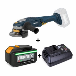 FERREX 20V Akku-Winkelschleifer 125 mm mit Sanftanlauf SET – inkl. 2,0 Ah Akku & Ladegerät (3-tlg.)
