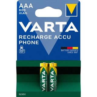 Varta Phone Accu AAA Micro Ni-Mh Akku (2-er Pack, 800 mAh, geeignet für schnurlose Telefone)